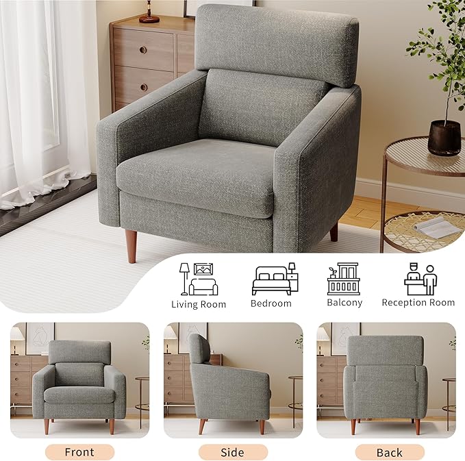 EJUNQ Mid-Century Accent Chair,Fabric Modern Reading Living Room Chairs, Upholstered Armchair with Wood Legs，Cozy Reading Chair for Living Room，Bedroom（Grey