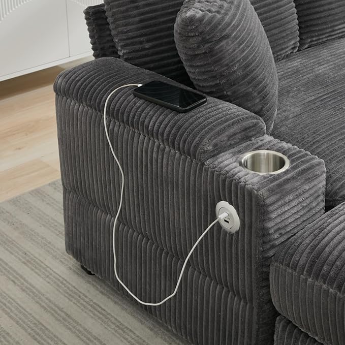 KEIKI 4 Seat Combination Sofa Set, Chaise Lounge Sofa with Armrest Storage, Cupholders, USB, Deep Seat Sleeper Couch Reading Chairs for Living Room, Gray