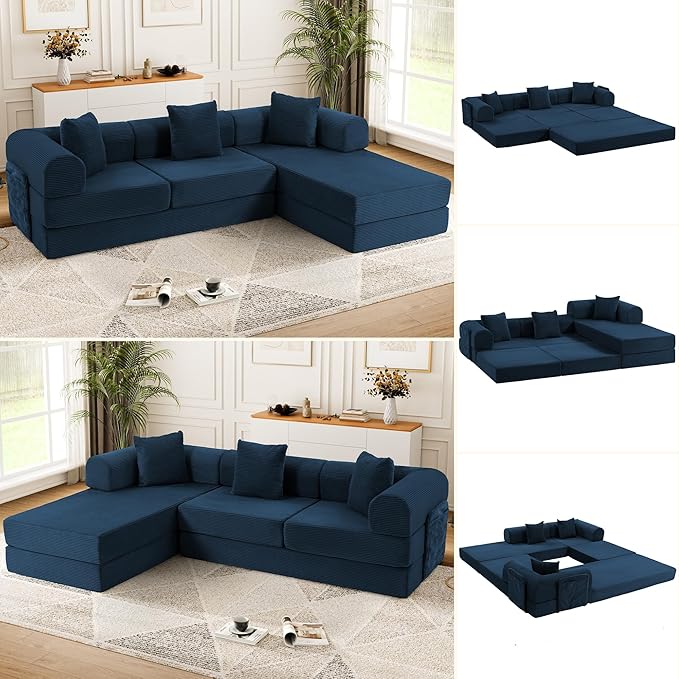 106.3" Oversized Convertible Sleeper Sofa Bed, L Shape Modular Sectional Cloud Sofa with Fixed-Shape Frame, Boneless Couch with Storage Pocket for Living Room, No Assembly Required, Blue