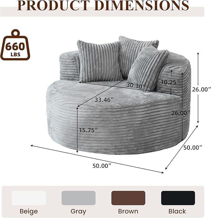WJShome 50'' Corduroy Single Foam Couches, Oversized Round Chair with Pillows, Circle Chair Sleeper Couch,Modern Sleeper Boneless Sofa for Reading, Gray