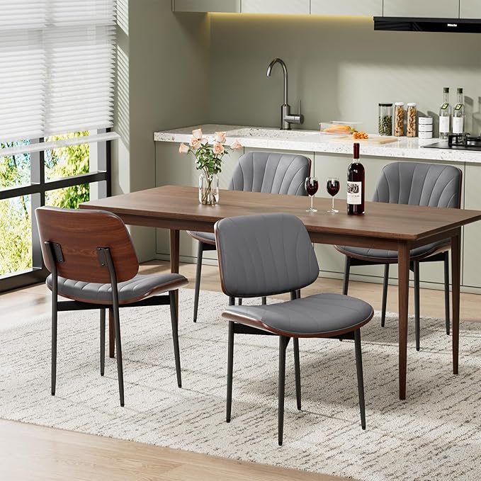 Dining Chairs Set of 6, Mid-Century Modern Upholstered PU Leather Chairs with Walnut Back and Metal Legs Adjustable Feet for Kitchen Dining Room, Dark Gray Shell Strips