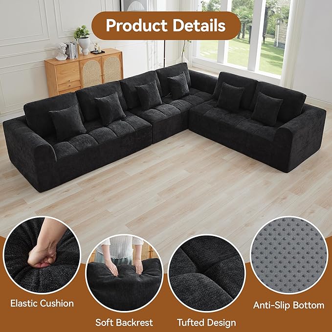 140''Modular Sectional Couches for Living Room, Cloud Boneless Compressed Sectional Sofa, Oversized L Shaped 6 Seater Upholstered Memory Foam Sofa, No Assembly, Chenille Black