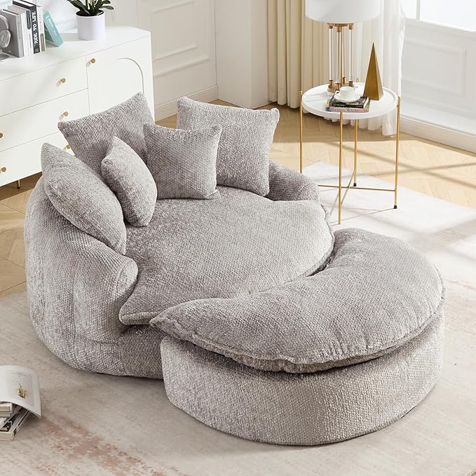 54" Oversized Round Chaise Lounge Indoor Boneless Bean Bag Chair with Movable Ottoman Fluffy Comfy Reading Chair Large Circle Cloud Couch Sleeper Sofa Bed for Living Room, Bedroom, Light Gray