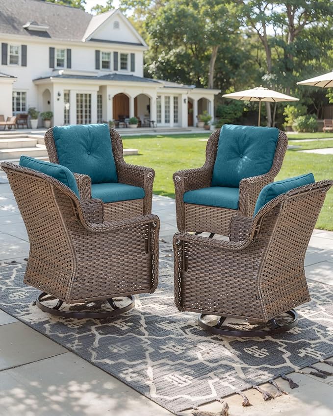 ACTREST Patio Chairs Outdoor Swivel Glider - Set of 4 High Back Outside Brown Wicker Rattan Rocking Chair with Thick Cushion for Porch Apartment Deck Yard Poolside Garden - Peacock Blue