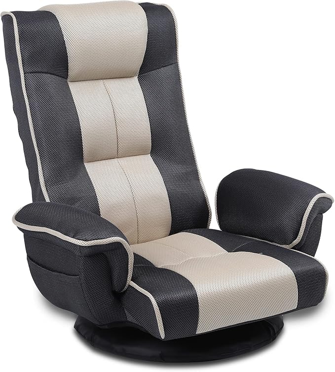 Linen Fabric Ergonomic Gaming Chair, 6-Position Reclining Sofa Bed with Lumbar Support, Foldable Floor Lounger with Thick Cushion, Armrests & Side Pockets for Esports, Reading, Napping (Grey + Beige)