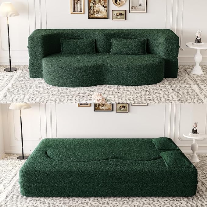 SZLIZCCC 78'' Modern Floor Sofa Bed, Convertible Teddy Fabric Sleeper with 2 Pillows, Modern Teddy Fabric Floor, Foam Folding Mattress for Living Room, Guest Bed, Playroom & Small Spaces (Green)