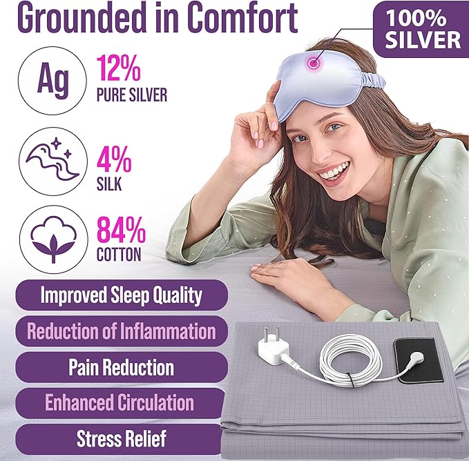 Earth Grounding Sheets California Size with 12% Silver Fiber & 4% Silk & 84% Cotton - Gray - SGS Quality Certified Grounded Well Bed Sheet - Conductive Fitted Sheet for Better Sleep