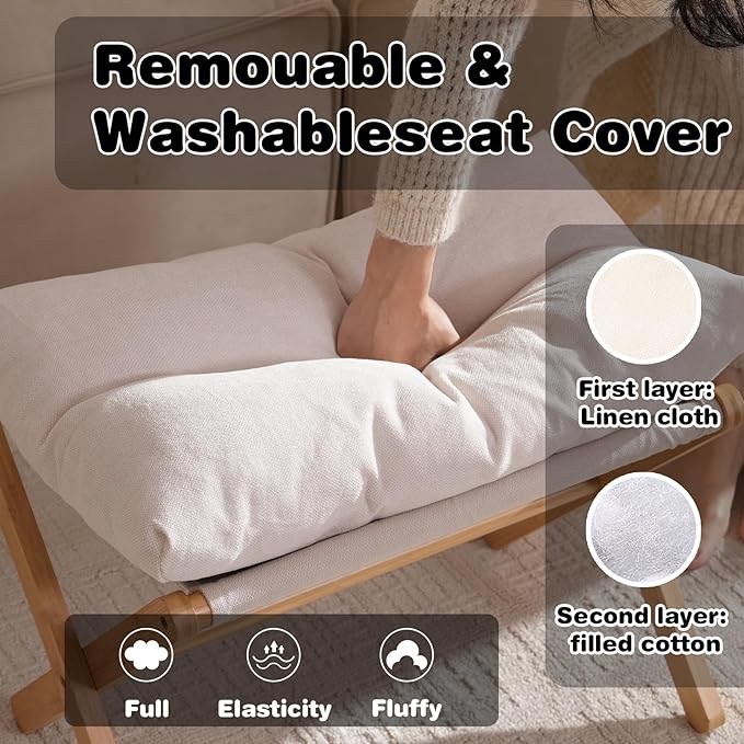 Ottoman Foot Rest- Bamboo Foldable Stool, Foot Stools Small Ottman with Upholstered & X Legs, Folding Stool for Makeup, Bedroom and Living Room (Large Beige)