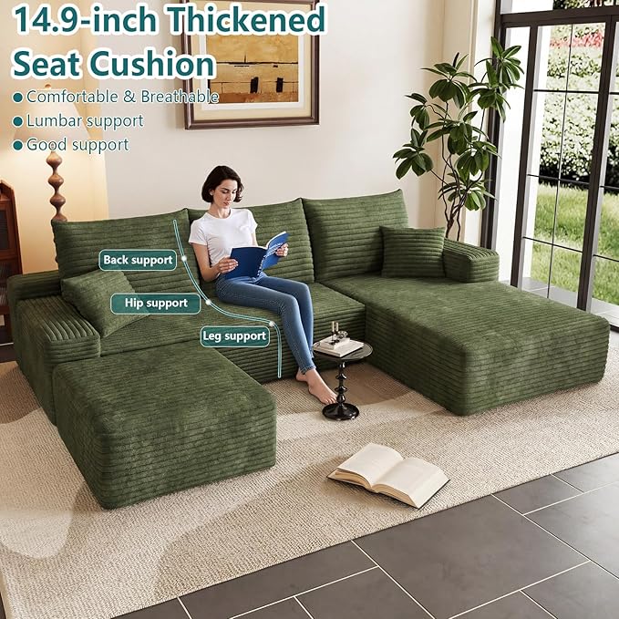 95" U-Shape Cloud Couch, Modern Modular Sectional L-Shape Sofa with Ottoman, Corduroy Upholstered Couches Deep Seat Sleeper Chaise Longue for Living Room, No Assembly Required(Green, Right Facing)