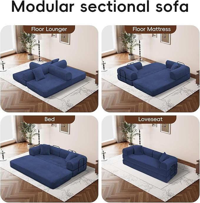 ZQRhome 79" 5-in-1 Convertible Sofa Bed, Premium Sleeper with Reinforced Frame & Plush Corduroy, No Assembly Modern Couch for Lounge, Living Room & Guest Room, Blue