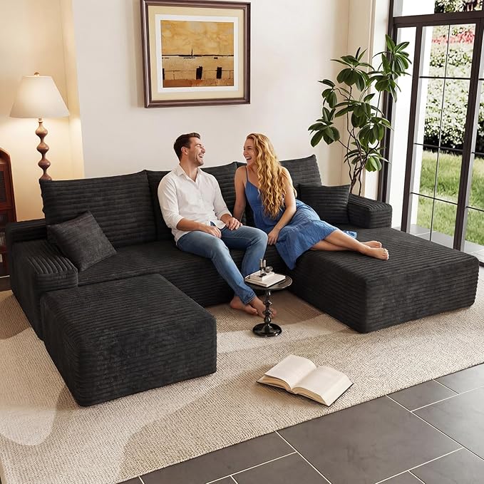 95" U-Shape Cloud Couch, Modern Modular Sectional L-Shape Sofa with Ottoman, Corduroy Upholstered Couches Deep Seat Sleeper Chaise Longue for Living Room, No Assembly Required(Black, Right Facing)