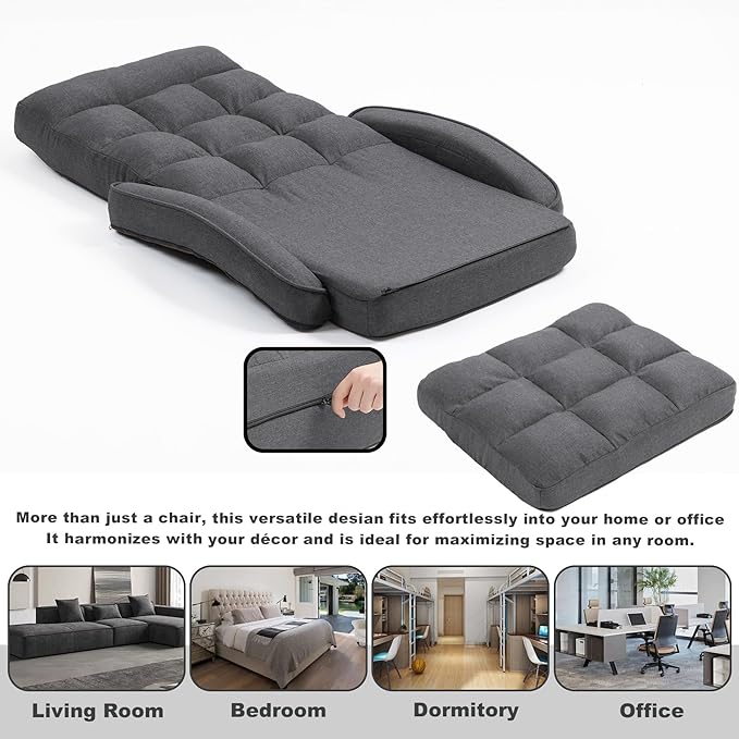DeeLyan Indoor Floor Chair with Armrest and Pillow Folding Chaise Lounge Sofa 14-Position Adjustable Comfy Gaming Recliner Chair Padded Seats for Adults (Grey)