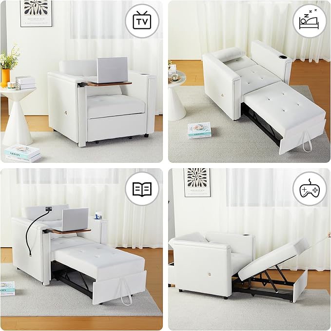 Velvet Convertible Chair Bed, 3 in 1 Multi-Functional Lounge Chair Sleeper, Pull Out Couch Guest Bed with Hidden Table and Adjustable Backrest for Living Room (White)