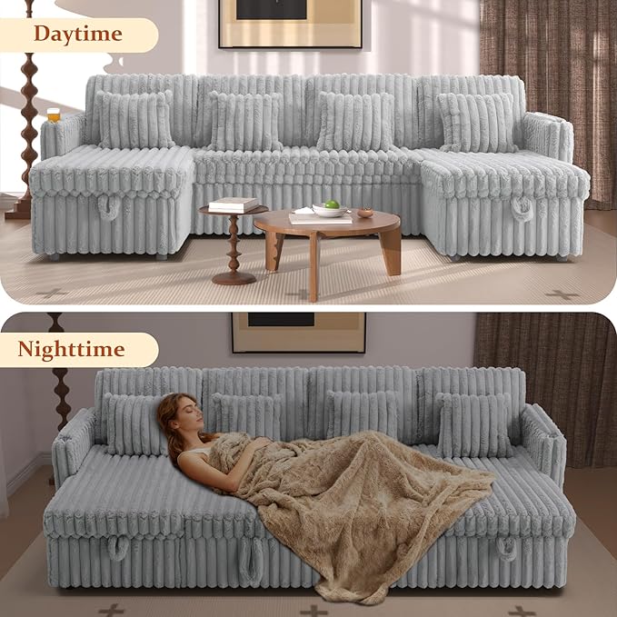 107" Sectional Sleeper Sofa with Pull Out Bed, Comfy Fluffy Plush Corduroy Cloud Sectional Couches for Living Room, U Shaped Modular Couch with Storage Chaise, Cup Holder & USB Charger, Grey