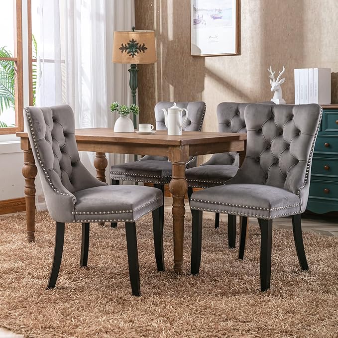 YeahFurn Grey Mid Century Modern Dining Chairs Set of 2, Velvet Upholstered Kitchen & Dining Room Chairs with Nailhead Trim & Solid Wood Legs, Elegant Sillas De Comedor (Grey, 2 Pcs)