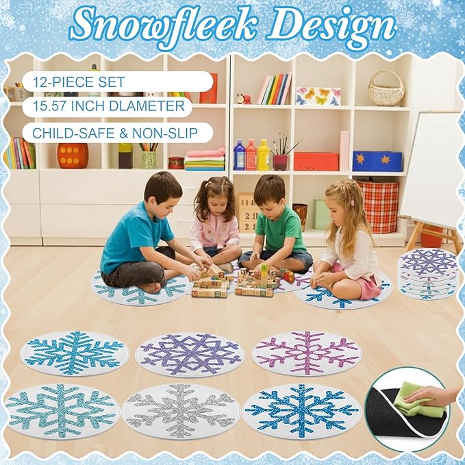 Capoda 12 Pieces Snowflake Carpet Circle Seats - 15.57 Inch Round Floor Mats for Winter Woodland Preschool Kindergarten Elementary Daycare Playroom Reading Room Nursery Bedroom Classroom Seating Rugs