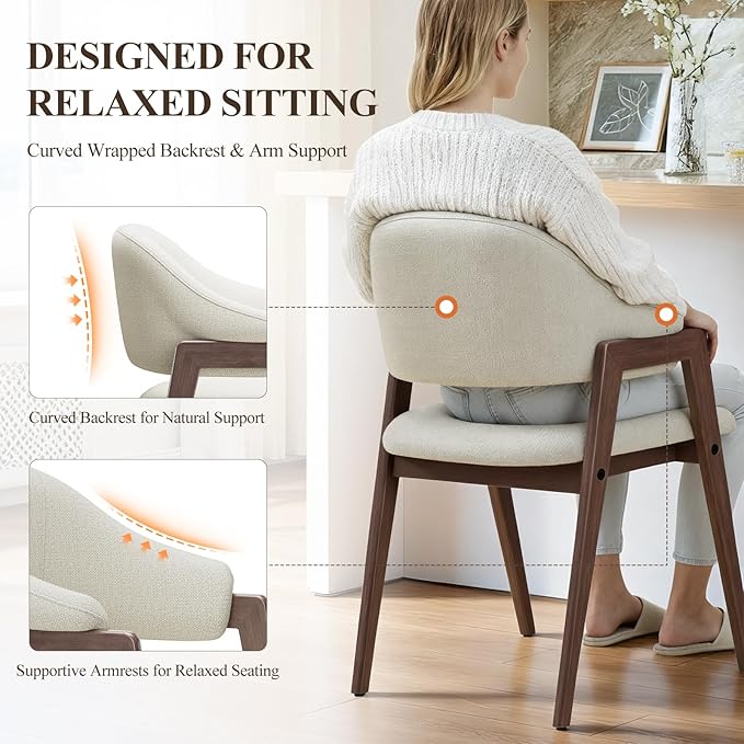 MALOL Wooden Dining Chairs Set of 2, Modern Fabric Upholstered Dining Room Chair, Kitchen Side Chairs, Farmhouse Dinner Chair with Curved Open Back for Kitchen, Beige