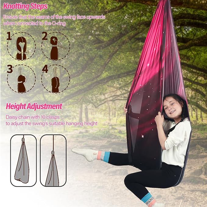 Sensory Swing for Kids Holds up to 300lbs Indoor & Outdoor Therapy Cuddle Swing with Hammock Hooks Hanger Kit for Calming, Effect for Autism, ADHD or SPD. (Space Pink)