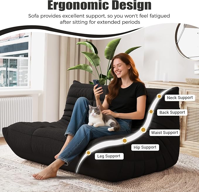 Selyteramy Bean Bag Chairs for Adults, Giant Bean Bag Chair Sofa with Memory Foam, Comfy Beanbag Loveseat Lazy Sofa for Living Room, Bedroom, Apartment, Black