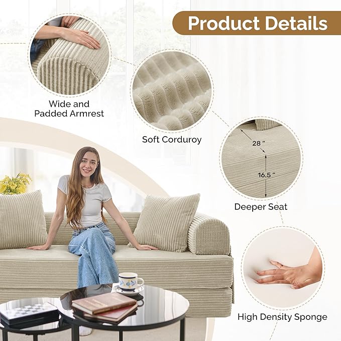 Convertible Coarser Corduroy Sleeper Sofa Bed with Cylindrical Pillow, Folding Mattress Couch with Fixed-Shape Frame, Floor Sofa Lounge Couch for Living Room Bedroom Lounge Studio, Beige