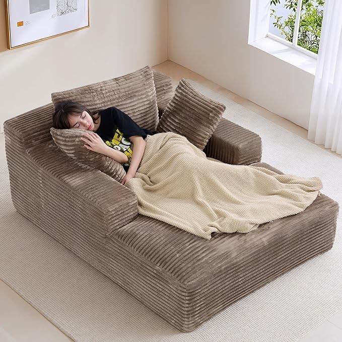 50"W x 68"D Oversized Chaise Lounge Chair Indoor Boneless Reading Chair Plush Corduroy Recliner Large Deep Seat Upholstered Sleeper Comfy Sofa Bed Couch with 3 Pillows for Living Room Bedroom, Camel