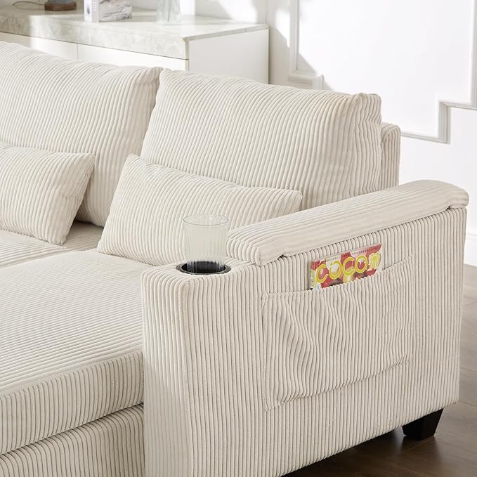 Merax Modern 37.4" Chaise Lounge with Charge Statio, Phone & Cup Holders, Upholstered Sofa Recliner Chair w/Pillow, Side Pockets & Drawers for Living Room Bedroom,Beige