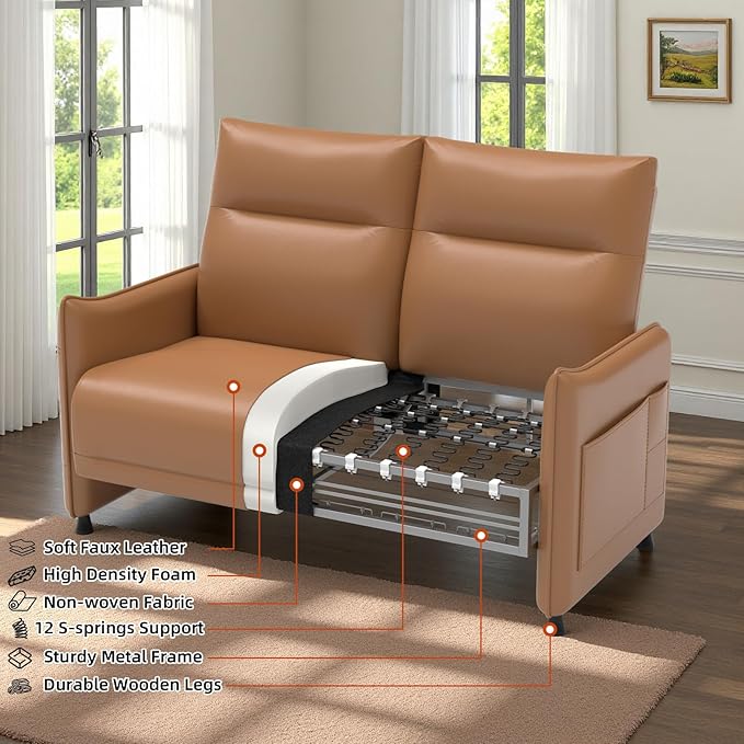 Faux Leather Loveseat, Upholstered Loveseat with Hidden Foldable Tray & Side Pocket, Front Contour Arm Design, Modern 2-Seater Sofa Couch for Compact Spaces, Brown