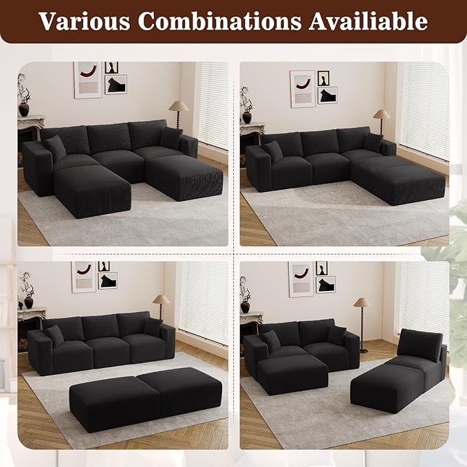 110" Modular Sectional Sofa, Cloud Couch U Shaped Memory Foam Boneless Couch with Ottoman, Cozy 3 Seater Corduroy Floor Couch, No Assembly Required Living Room Furniture for Apartment, Black