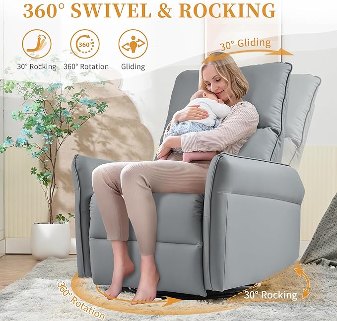 QKFF Glider Chair for Nursery, 360° Swivel Rocker Recliner with Side Pocket, Leather Manual Rocking Chair for Living Room, Bedroom, Small Spaces