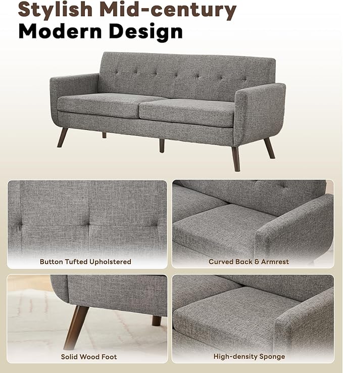 Tbfit 77.2" W Linen Sofa Couch, Mid Century Modern Decor Loveseat Couches for Living Room, Button Tufted Upholstered Small Couch for Bedroom, Solid, and Easy to Install Love Seats Furniture, Grey | linen fabric, button tufted, solid wood foot, pocket s...