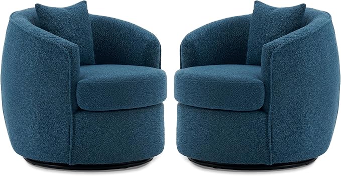 FaFaSoGoodFa Swivel Accent Chair Set, Modern Upholstered Boucle Barrel Arm Chairs with Pillow for Living Room, 360 Degree Round Swivel Sherpa Armchair with Round Base for Bedroom Club (2, Dark Blue)