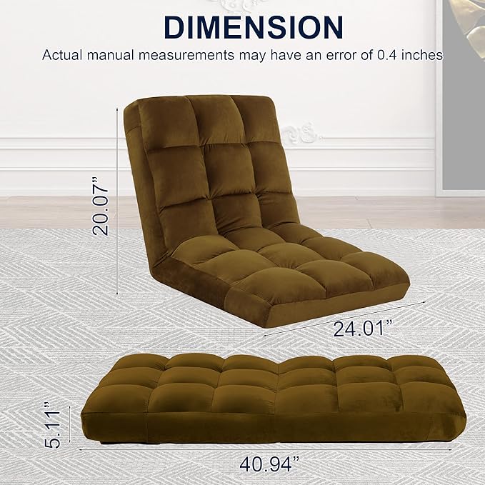 Floor Chair, 24 inches Wide Oversized Velvet Armless Lay Flat Floor seat Padded Meditation Chair with 6 Adjustable Position Ergonomic Comfortable Convenient(LRSF-014-TAN)