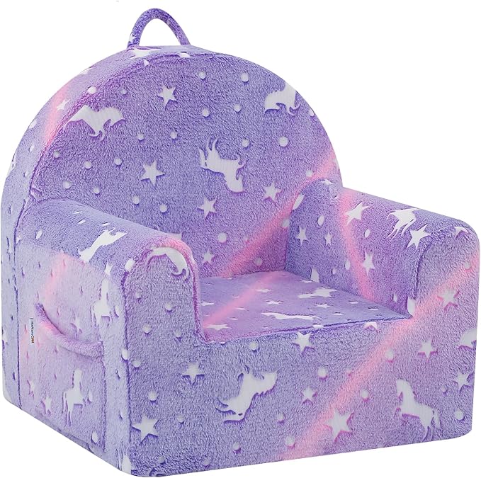 MeMoreCool Comfy Toddler Chair for 1-3 Years Old, Glow Unicorn Kids Reading Chair, Soft Plush Toddler Armchair, Cozy Foam Lounge Kids Armchair for Baby Room, Living Room, Playroom, Reading Nook