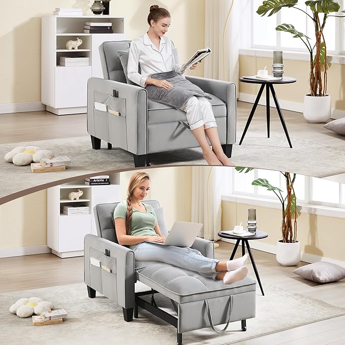 choairy Convertible Sleeper Chair, 3 in 1 Sleeper Chair Bed Pull Out Sofa Bed Chairs, Velvet Single Sofa Beds with Adjustable Backrest for Adults Reading Living Room, Bedroom, Light Grey