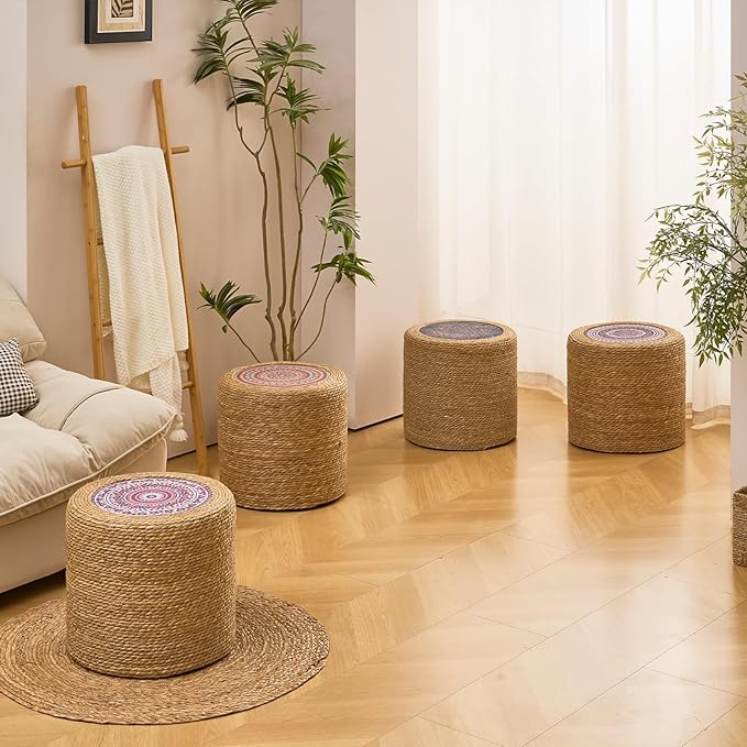 Wimarsbon 18'' Ottoman Pouf, Natural Braided Poof, Rustic Handweave Lounge Pouffe, Boho Footrest Stool for Bedroom, Accent Table for Living Room (18inch Natural Cattail-Boho Style 2)
