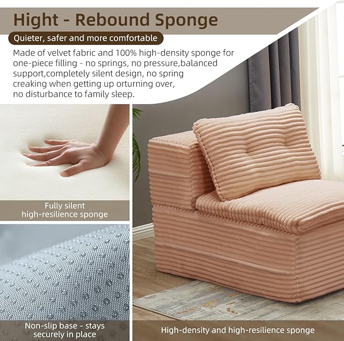 80" Foldable Floor Couch, 3-Seat Convertible Sleeper Sofa with Chaise Lounge, Blanket and 3 Soft Pillows, Corduroy Fabric, for Living Room, Bedroom, Apartment, No Assembly Required, Pink