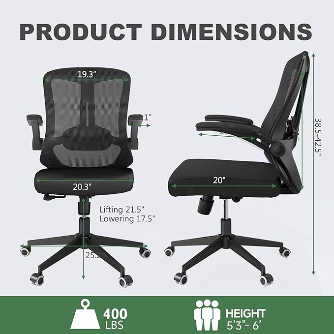 Ergonomic Office Chair - 400LB Comfy Desk Chairs with Lumbar Back Support, Mesh Computer Chairs with Wheels and Arms for Home Office, Study (Black-Without Headrest)