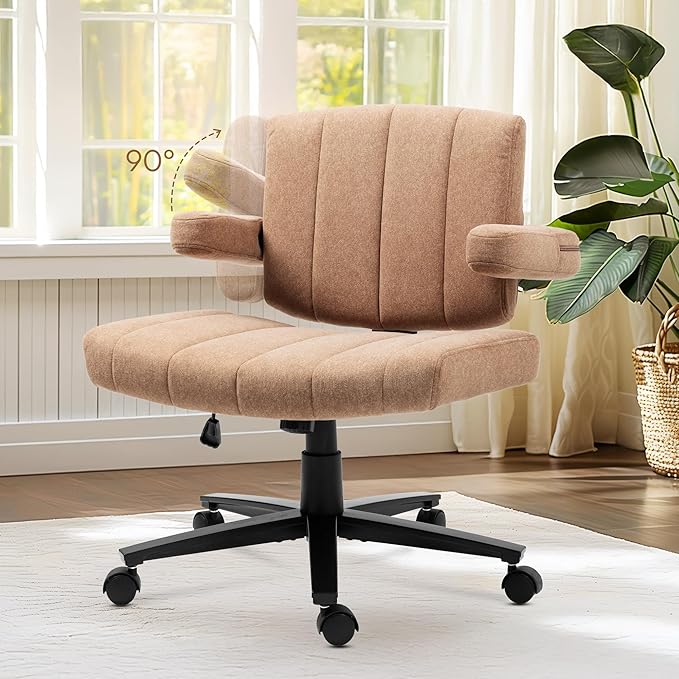 Vigosit Criss Cross Chair with Wheels – Comfortable Vanity Chair, Wide Rolling Cross Legged Office Chairs with Arms, Adjustable Desk Chairs Comfy for Home Office, Swivel Task (Brown)