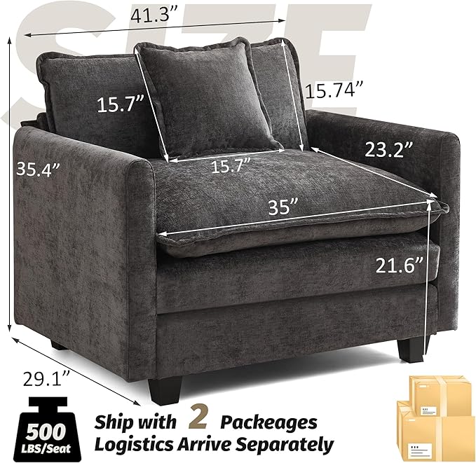 WUTUTUEE 41'' Modern Chenille Oversized Chair, Upholstered Accent Living Room Chair with Extra Thicked Deep Seat, Single Lounge Chair for Bedroom, Small Apartment, Dark Grey