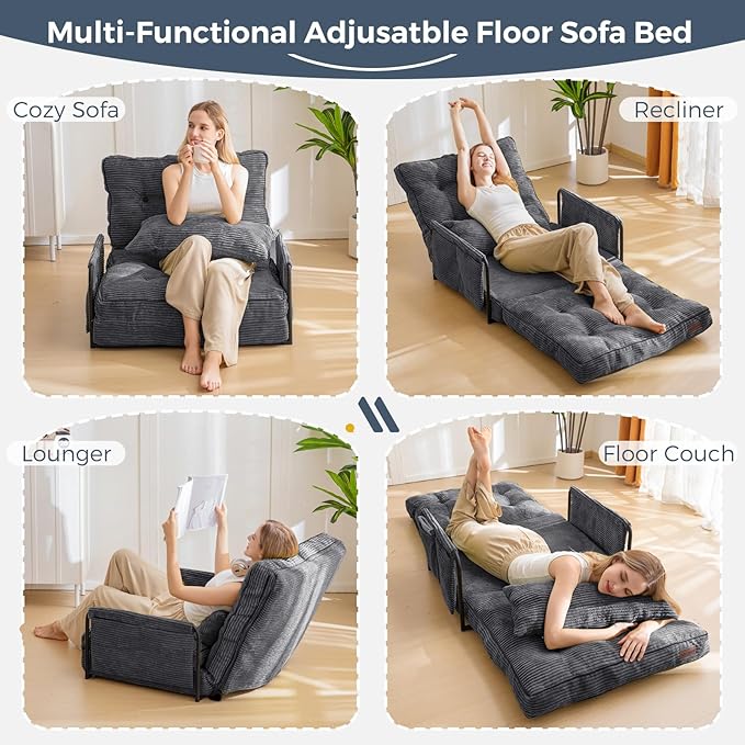 MAXYOYO Adjustable Floor Sofa Couch with Pillow, Multi-Functional Bean Bag Bed, 5-Position Foldable Lazy Sofa Sleeper Bed with Armrest, Versatile Floor Seating for Reading, Dark Grey, Single