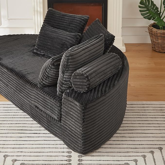 Antetek Chaise Lounge Chair Indoor, Convertible Folding Futon Sofa Bed w/ 5 Pillows, Fluffy Corduroy Boneless Compressed Memory Foam Couch for Living Room, Bedroom (Black, Left Half)