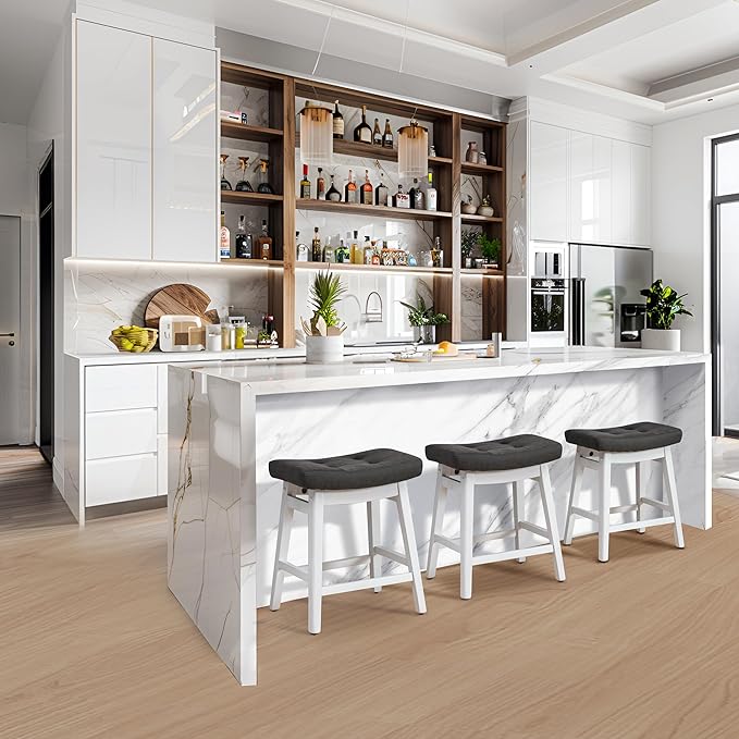 RNKSFX Counter Height Bar Stool for Kitchen Counter Modern Backless Barstool with Upholstered Faux Leather Seat and Solid Wood Leg Farmhouse 24 inch Bar Chair, Grey + White, 1pc