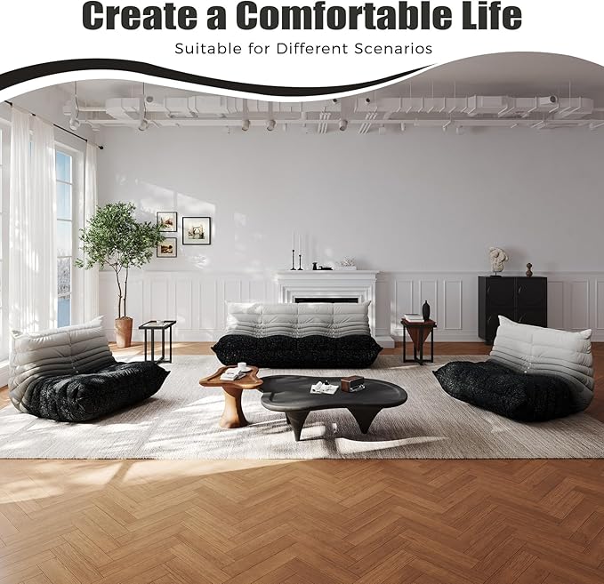 Selyteramy 3 Seat Oversized Bean Bag Chairs for Adults, Memory Foam Fireside Beanbag Couch, Comfy Bean Bag Lounger Lazy Sofa for Living Room, Bedroom, Playroom, White + Black