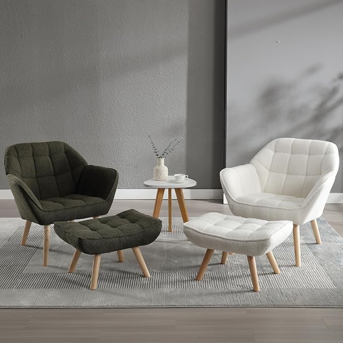 QUINJAY Modern Sherpa Accent Chair with Ottoman Set of 2, Fluffy Upholstered Lounge Chair with Footrest, Comfy Living Room Side Boucle Armchair for Small Space Bedroom, Green