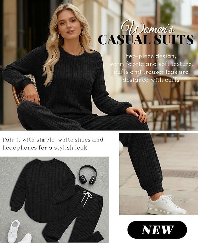 Sweetyweee Women's Ribbed Knit Lounge Sets 2 Piece Outfits Long Sleeve Pajamas Set Loungewear Sweatsuits Fall Pjs with Pocket
