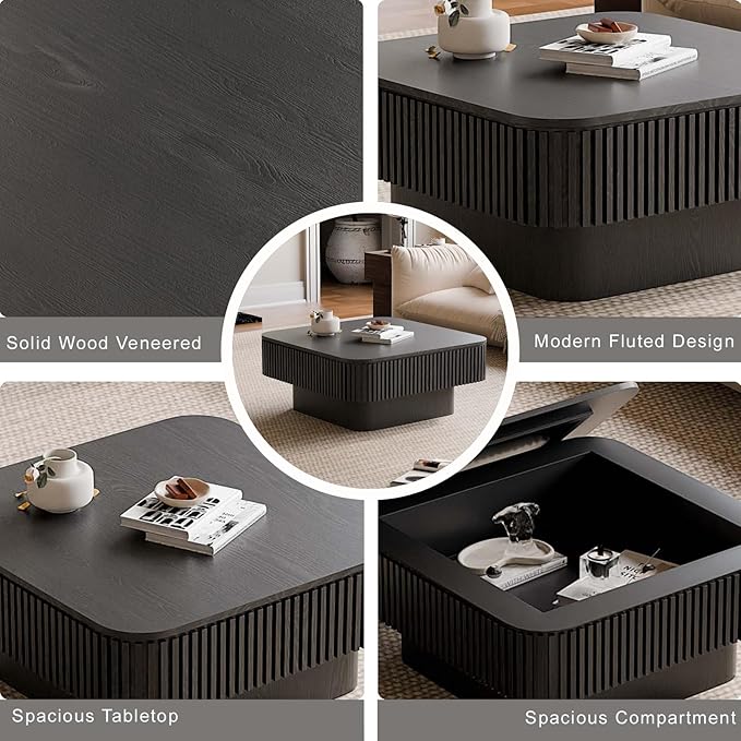 FGXJY Square Small Coffee Table with Storage, Modern Wooden Coffee Table with Solid Wood Veneered, Fluted Center Table Drum Tea Table for Living Room Apartment, 31.5''L×31.5''W×14''H