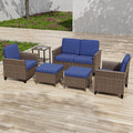 COOS BAY Harbor Retreat 6 Piece Outdoor Furniture Set, Patio Conversation Set with Patio Chairs, 2 Seat Loveseat, Side Table and Ottomans, Wicker Furniture, Brown/Blue