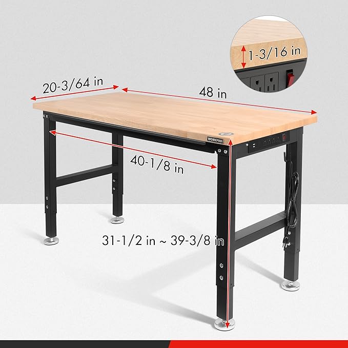 WORKPRO 48" Adjustable Workbench, Rubber Wood Top Heavy-Duty Workstation, 2000 LBS Load Capacity Hardwood Worktable with Power Outlets, for Workshop, Garage, Pack of 10