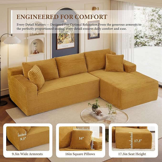 105" Sectional Couches for Living Room Cloud Couch Sofa with L-Shape Upholstered Boneless Couchs Modern Modular Sectional Couch with Chaise (Yellow, 105" W+Right Facing Chaise+2Seaters)