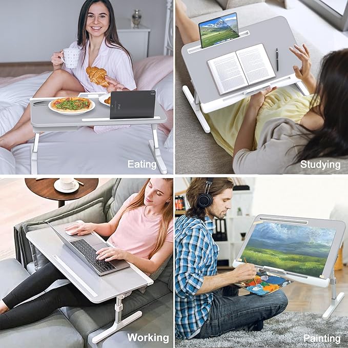 Laptop Bed Table, Height & Angle Adjustable Laptop Desk for Bed with Premium Materials, Super Sturdy Foldable Laptop Bed Tray Table with Drawer for Bed Couch Floor (Gray, 23.6"×14")